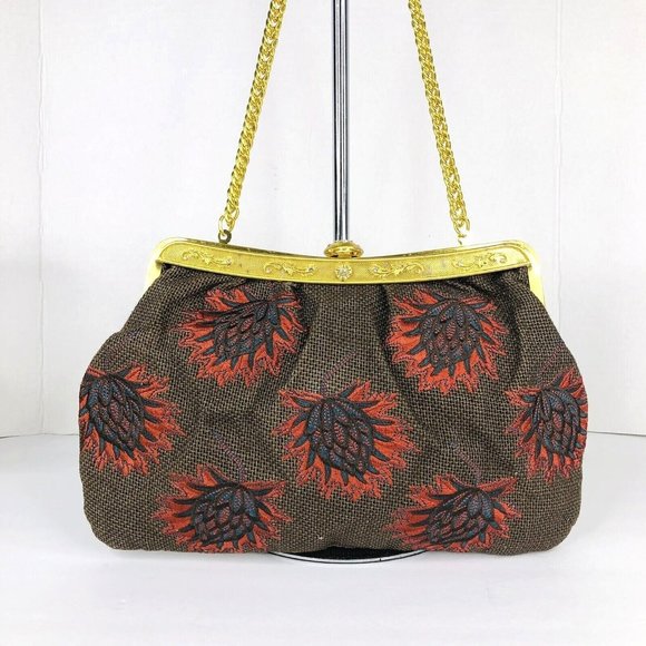LouLou de la Falaise Brown and Red Embroidered Gold Frame Clutch Purse Bag - Picture 1 of 11